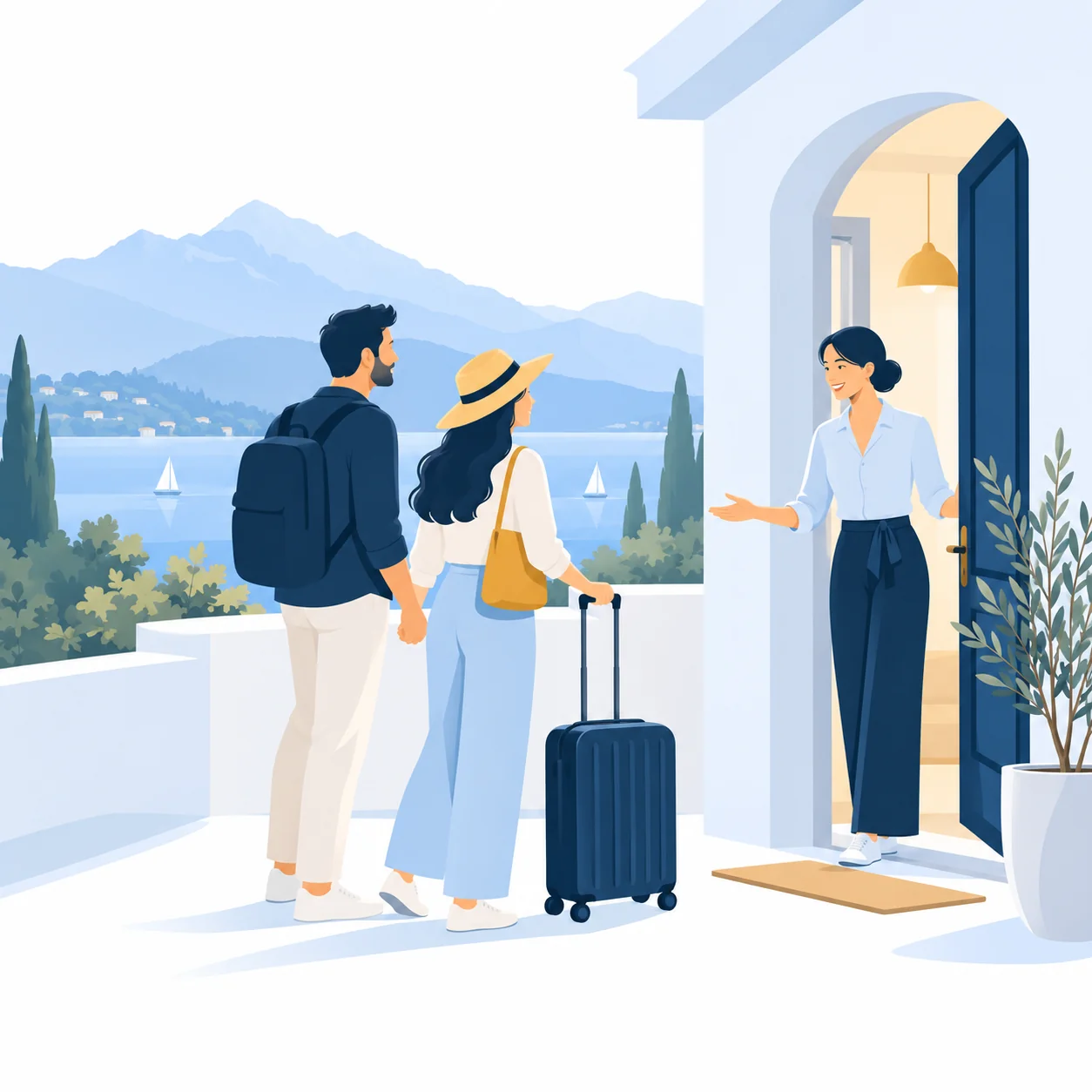 Illustrazione di accoglienza: ospiti con valigia all’arrivo, accolti alla porta dell’alloggio con vista lago