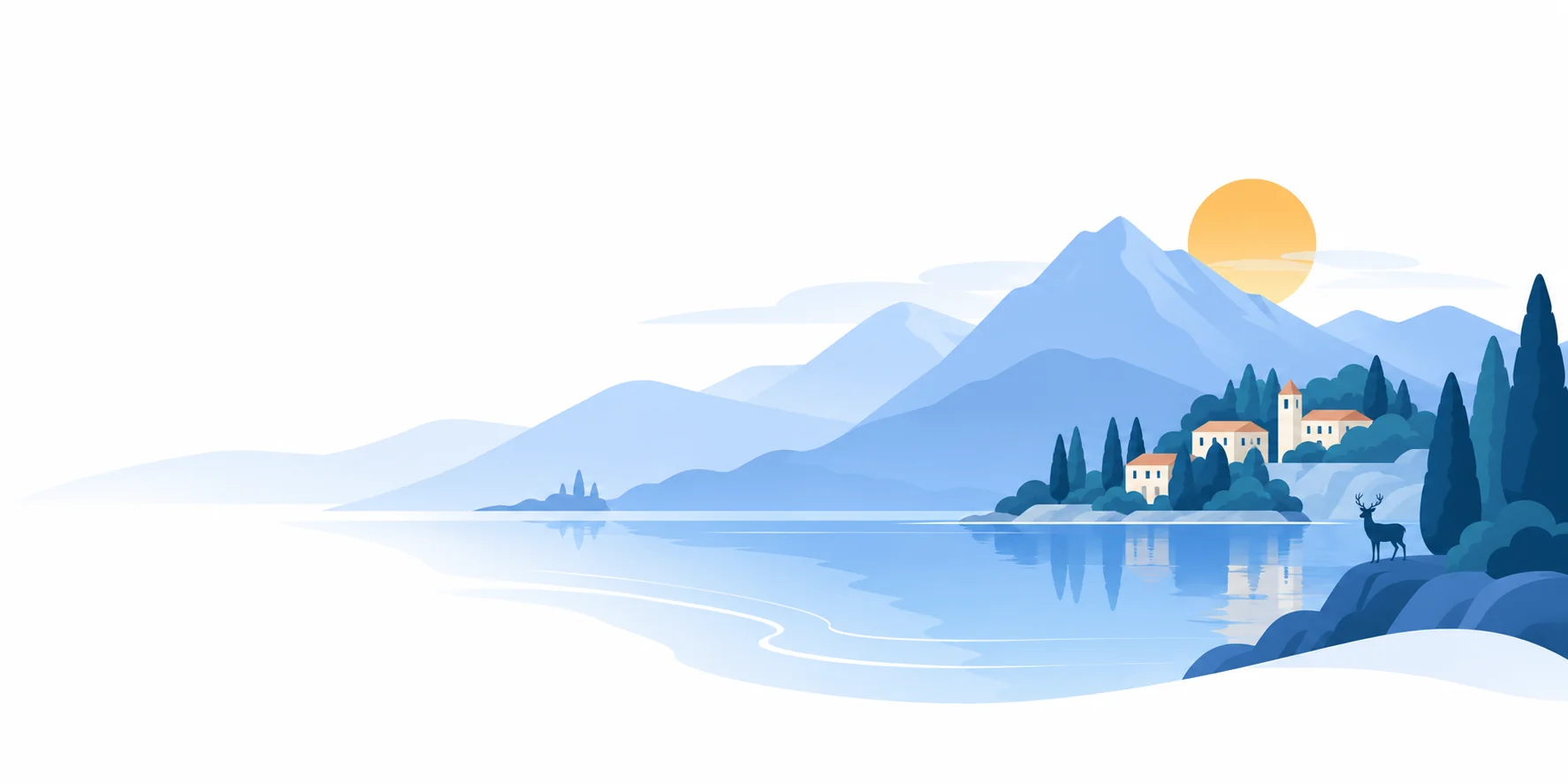 Paesaggio illustrato ispirato al territorio: lago, montagne, borgo e sole