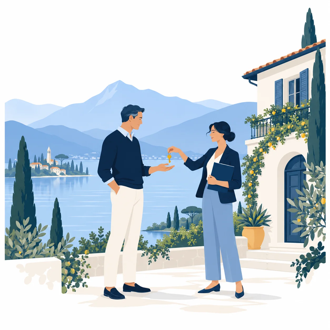 Illustrazione: la consegna delle chiavi tra proprietario e gestore davanti a una casa sul lago